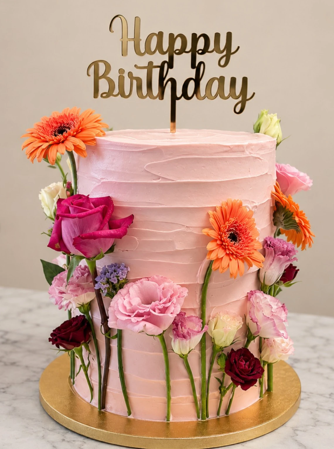 Torta Delice rosa con fiori e topper Happy Birthday