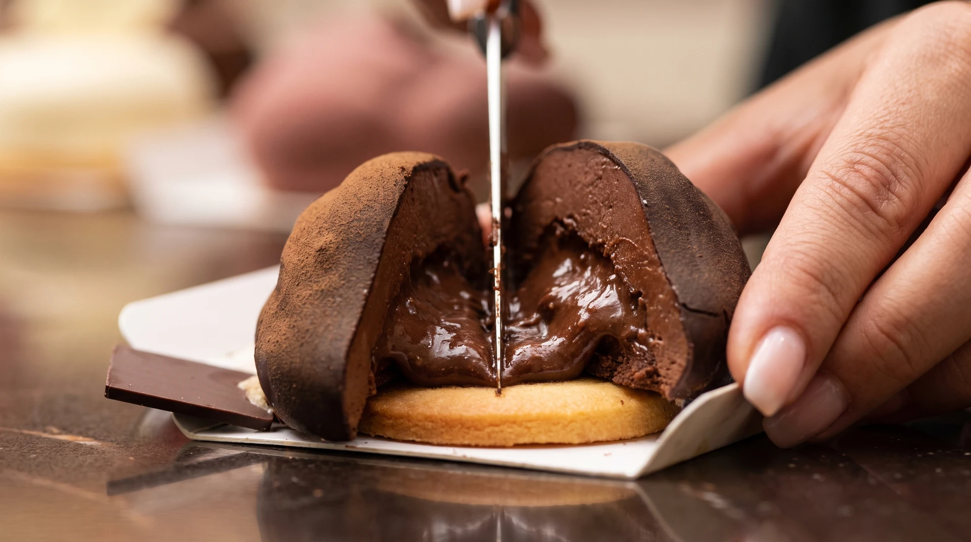 Dolce al cioccolato aperto con ripieno cremoso